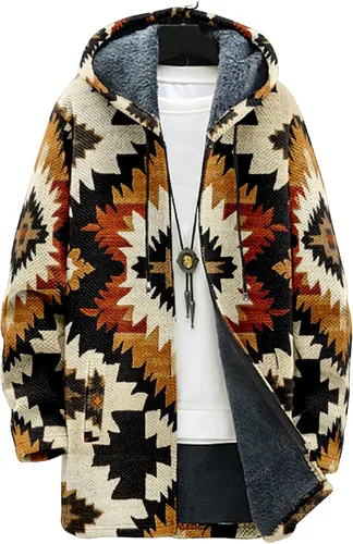 Vista 17 de Chaqueta de forro polar con capucha para hombre, con estampado azteca, de algodón pesado, con cremallera, manga larga, chaqueta con capucha