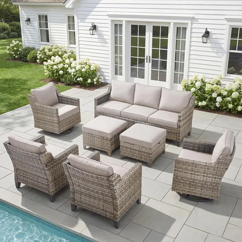 Vista 29 de Belord Sofá de patio exterior acolchado de 3 asientos de lujo de 6 pulgadas Cojín de mimbre marrón/beige de 6 pulgadas