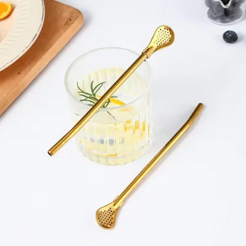 Vista 6 de 8 popotes de yerba mate, de acero inoxidable reutilizables dorados, cucharas con cepillo de limpieza para pajitas