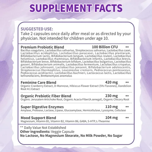Vista 6 de ZEBORA Probióticos para Mujeres Salud Digestiva con Enzimas y Prebióticos 100 Mil Millones de UFC Probióticos Vaginales con D-Manosa y Arándano