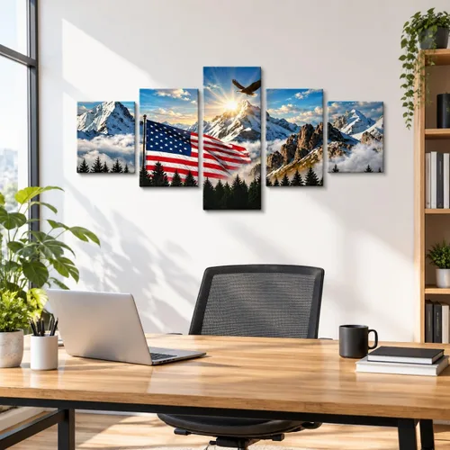 Vista 4 de 5 Pieces American Flag Wall Art Bald Eagle Mountain Patriotic Home Decor