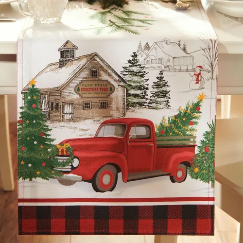 Vista 3 de Elrene Home Fashions Camino de mesa vintage de granja de árboles de Navidad, 13"x70", multicolor