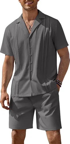 Vista 8 de COOFANDY Conjunto corto de 2 piezas para hombre, camisa con botones Guayabera, casual, trajes de playa de verano Verde militar