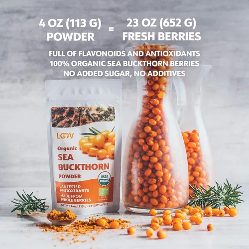 Vista 5 de LOOV Polvo de Baya de Espino Amarillo Orgánico, Alto en Fibra, Omegas, Vitamina C, Vitamina E, Hecho de Bayas Enteras, 4 Oz, Cultivado en Clima