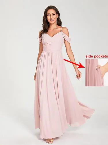 Vista 2 de MildApril Vestidos de dama de honor de gasa con hombros descubiertos, tirantes delgados, cuello en V, plisado, vestido de noche formal con abertura
