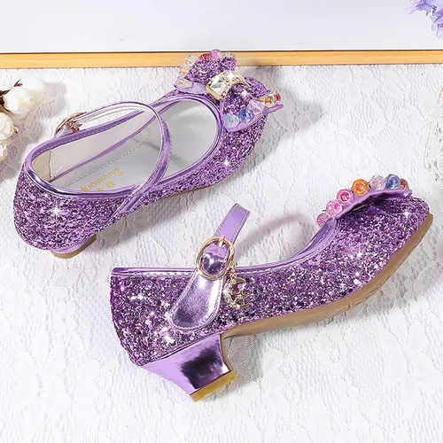 Vista 4 de Zapatos de princesa para niños y niñas, con lentejuelas y diamantes de imitación, zapatos de baile de cristal para niños (morado, 5 años)