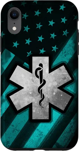 Vista 24 de Funda para iPhone 16 EMT EMS Paramédico Azul Turquesa USA Bandera Americana