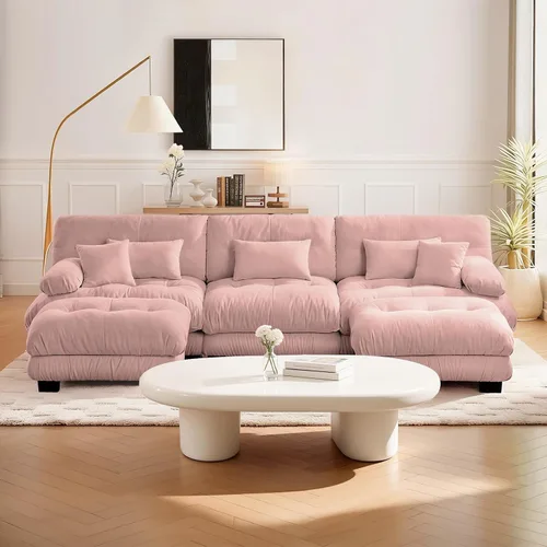 Vista 48 de Reposapiés Otomano Tapizado de Terciopelo con Cojín para Sofá Seccional Sofá 300 libras para Sala de Estar (Beige)