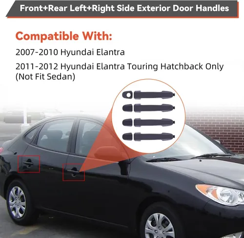 Vista 2 de DEAL AUTO ELECTRIC PARTS Kit de manija de puerta exterior negra, 4 piezas delantera+trasera izquierda+lado derecho, compatible con Hyundai 07-10