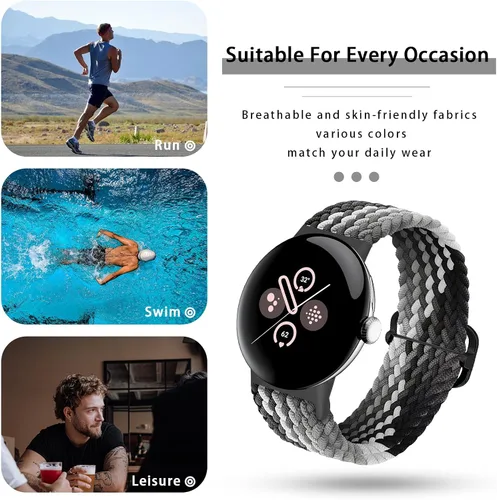 Vista 6 de Correas trenzadas Solo Loop compatibles con Google Pixel Watch 4, 3, 2, 1 de 1.61 pulgadas/1.77 pulgadas, correas elásticas ajustables de nailon