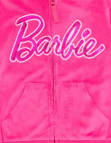 Vista 5 de Barbie Conjunto familiar de terciopelo con capucha y pantalones con cremallera a juego para niñas pequeñas y adultas