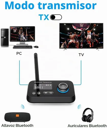Vista 2 de Transmisor Receptor Bluetooth 3 en 1 Adaptador de Audio Bluetooth 5.0 para 2 Auriculares Con Control de Volumen de Bypass, Baja Latencia, Largo