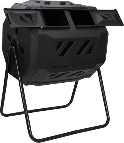 Vista 6 de Contenedor de compostaje para exteriores con doble cámara, giratorio de 43 galones, con puertas correderas y marco de acero, sin BPA, para jardín