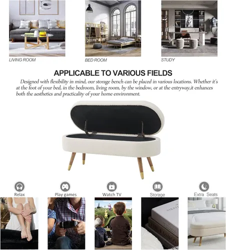 Vista 7 de IAFIKE Banco de almacenamiento ovalado de 43.5" Banco otomano tapizado de tela bouclé Banco reposapiés con patas de metal dorado, extremo de cama