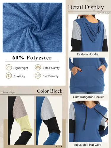 Vista 5 de CATHY Sudadera casual con cordón para mujer, manga larga, bloque de color, sudadera con capucha y bolsillo