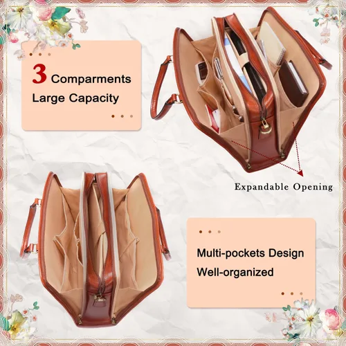 Vista 7 de Banuce Maletín de cuero italiano de grano completo genuino vintage para mujeres 14 pulgadas portátil bolsa de trabajo elegante de negocios marrón