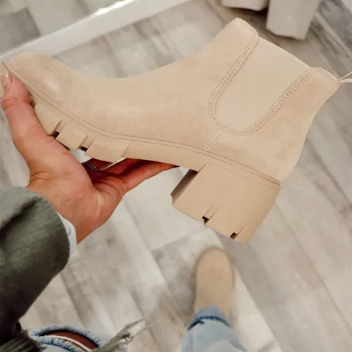 Vista 6 de Botas de estilo botas de combate de cuero y con plataforma y tacón grueso, tipo Chelsea, para mujer, hasta el tobillo
