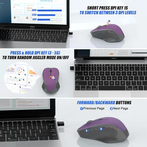 Vista 3 de Ratón inalámbrico Jiggler – Ratones ergonómicos Bluetooth con motor de mouse para mantener las computadoras despiertas, 3 niveles de DPI recargables
