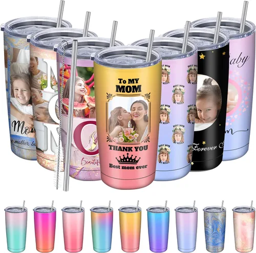 Vista 13 de Regalos para el Día de la Madre, vaso personalizado con foto de mamá, vasos delgados con tapa de nombre y pajita, 20 onzas, taza de café de viaje