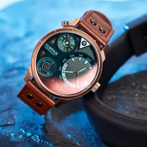 Vista 6 de SURVAN WatchDesigner Watch for Men Quartz Movement Analog Chronograph Mens Watches Genuine Leather Strap Waterproof Luminous Pointer Red Magic Glass