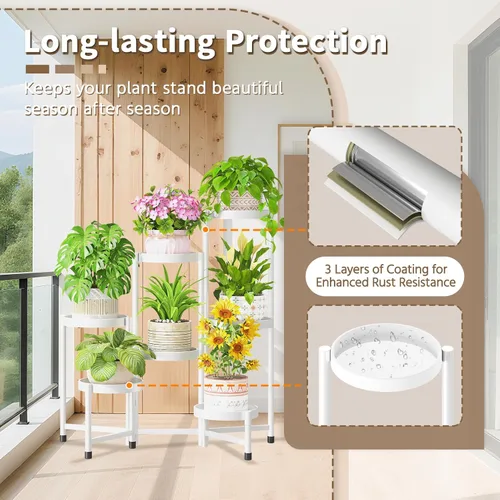 Vista 4 de LASZOLA Soporte para plantas de 7 niveles plegable alto para interior con múltiples macetas grandes, estante de flores ajustable de metal resistente