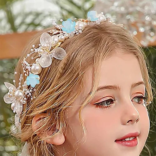 Vista 4 de Campsis Diadema para niñas con perlas y flores, diadema de boda de cristal azul, accesorios para el cabello para niñas