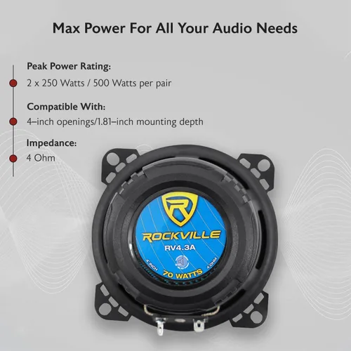 Vista 4 de Rockville RV4.3A - Altavoces de coche de 3 vías de 4 pulgadas, 500 W, 4 ohmios, woofer de polipropileno, envolvente de goma de butilo, con rejillas
