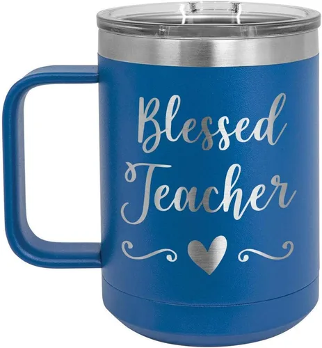 Vista 14 de BLESSED TEACHER Negro 15 oz Taza de café w/tapa deslizante Taza de café de viaje aislada Ideas de regalos de cumpleaños o Navidad de mujeres u