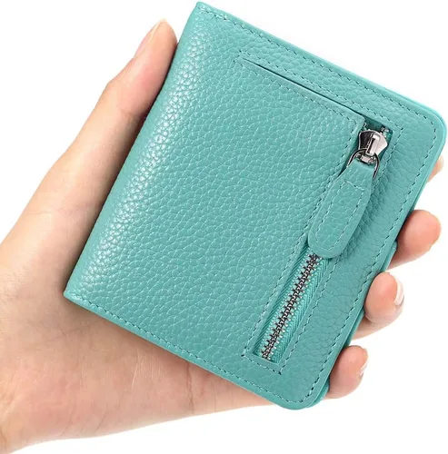 Vista 4 de Funtor Cartera de cuero para mujer, pequeña y compacta, con bolsillo doble, bloqueo RFID, para mujer