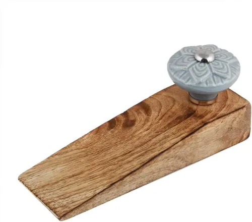 Vista 16 de IndianShelf - 1 tope decorativo de cerámica y madera para la parte inferior de la puerta, color azul, resistente, base de goma antideslizante, tope