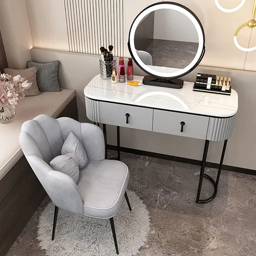 Vista 15 de Escritorio de tocador con espejo iluminado, mesa de tocador de lujo ligera con luces, 3 modos de iluminación de color, brillo ajustable, mesa
