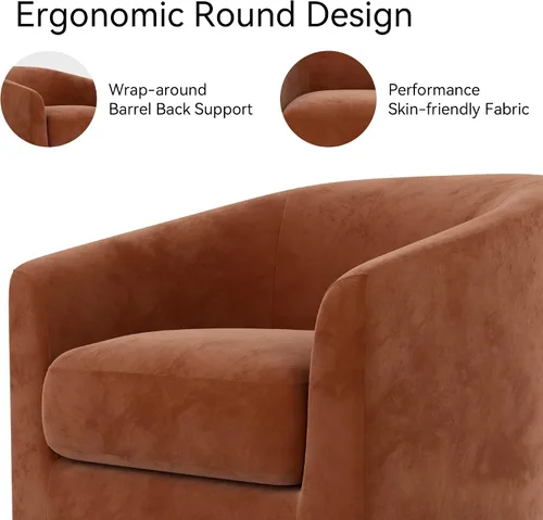 Vista 3 de Silla giratoria decorativa, moderna tapizada con brazo curvado, tela de terciopelo, cómoda silla de lectura con base de madera maciza para sala