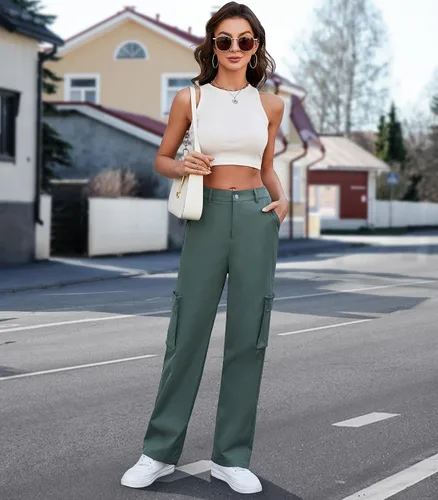 Vista 5 de ETOSELL Pantalones cargo de cintura alta para mujer, pantalones casuales de pierna ancha, elásticos, Y2K Streetwear con 6 bolsillos