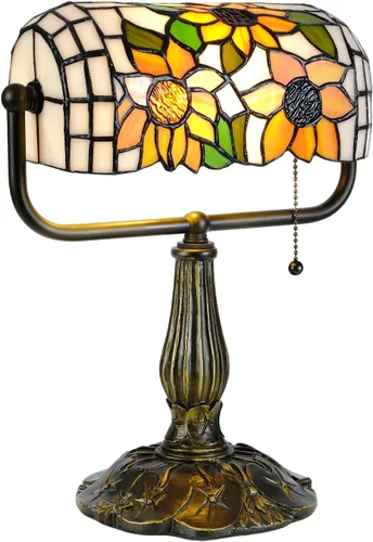 Vista 7 de Tiffany Bankers Lámpara de Escritorio, Luz de Piano de Vidrio Emplomado de Girasol con Bombilla LED, Lámpara de Escritorio Estilo Tiffany Vintage