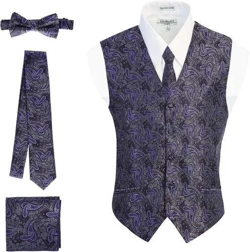 Vista 18 de Gioberti Chaleco formal de cachemira de 4 piezas para hombre, corbatín y pañuelo de bolsillo Negro B