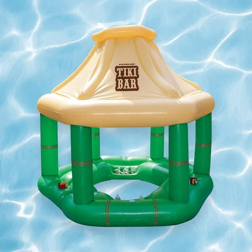 Vista 4 de 7.5' crema y verde tropical piscina inflable flotante Tiki Bar