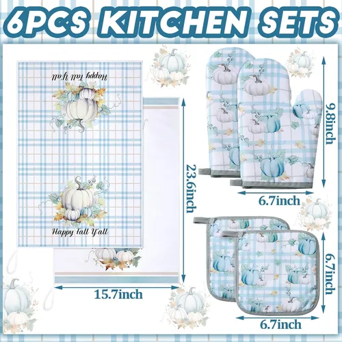 Vista 3 de Bencailor - Juego de 6 manoplas de cocina de otoño para ollas y guantes de horno, guantes de horno de calabaza azul, soportes para ollas de cosecha