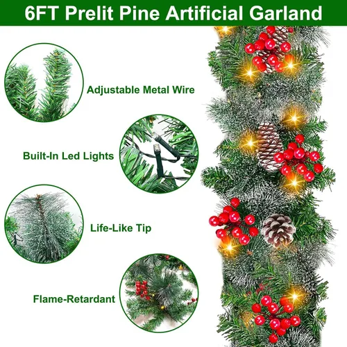 Vista 4 de TURNMEON Guirnalda de Navidad preiluminada de 6 pies por 10 pulgadas con temporizador, 30 luces cálidas, 8 piñas, pino con cerdas nevadas, 56 bayas