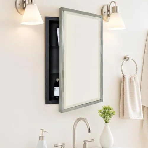 Vista 11 de TEHOME Botiquín de Medicina de Baño Empotrado con Marco de Metal Dorado con Espejo Biselado Rectangular Inclinable Espejos de Tocador para Pared 16