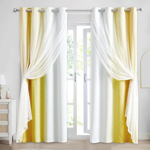 Vista 13 de Cortinas 100% opacas con superposición de gasa Mix and Match de doble capa, 54 pulgadas de largo, 2 paneles para dormitorio y sala de estar, azul