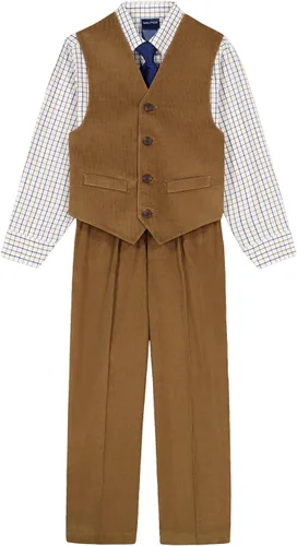 Vista 16 de Nautica Conjunto de traje formal de 4 piezas para niños con chaleco, pantalones, camisa de vestir con cuello y corbata Lino Azul