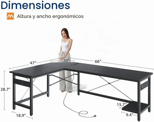 Vista 3 de Coleshome - Escritorio gaming en forma de L de 66 pulgadas, con toma de corriente, con soporte para CPU, escritorio esquinero para computadora