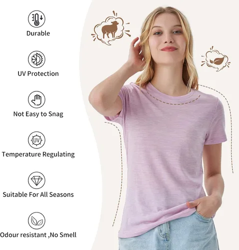 Vista 3 de Merino Protect Camisetas 100% de lana merino para mujer, cuello redondo, manga corta, resistencia al olor, capa base, viajes, senderismo, camiseta