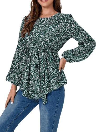 Vista 4 de MakeMeChic Camisa de maternidad floral de manga larga con cinturón para embarazo, blusa peplum