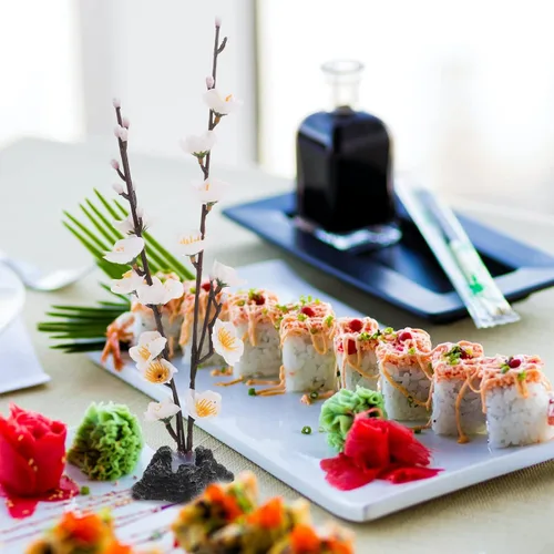 Vista 4 de Hemoton Flores artificiales de cerezo en flor, 4 piezas, decoraciones de plato de sashimi para centro de mesa de restaurante japonés, adornos