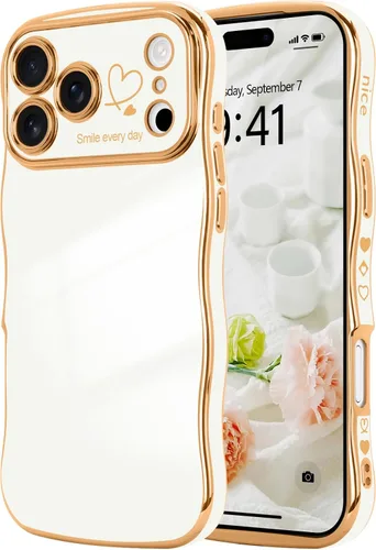 Vista 51 de LCHULLE - Funda para iPhone Air, linda para mujeres y niñas, con forma de onda, color azul bebé Luxury Plating Curly Wavy Frame with Love Heart