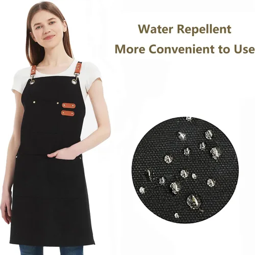 Vista 2 de AFUN Delantales de chef para mujeres y hombres con bolsillos grandes, delantal de trabajo repelente al agua de lona de algodón, talla M a XXL (negro)