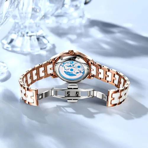 Vista 8 de OLEVS Reloj de moda para mujer, relojes automáticos para mujer, de cuerda automática, de cerámica, acero inoxidable, impermeable, luminoso, diamantes