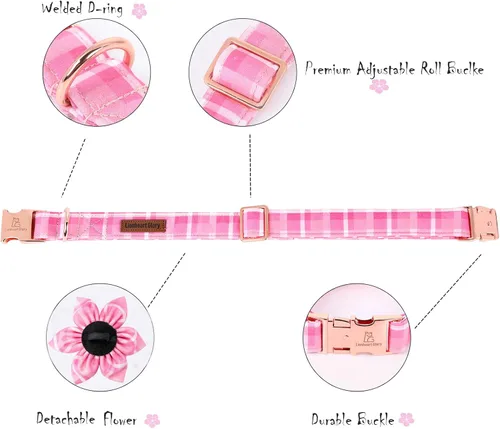 Vista 4 de Collar de perro Lionheart Glory, collar de perro rosa con flor, lindo collar para mascotas con patrón floral ajustable para perros pequeños Rosado