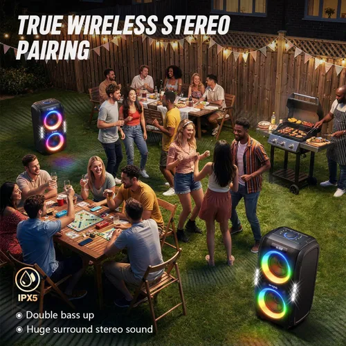 Vista 7 de W-KING 270W PEAK Altavoz de Fiesta Grande Bluetooth Más Fuerte/12 Graves Personalizados/Subwoofer Masivo de 125dB 6.5''x2 con Graves Profundos, Gran